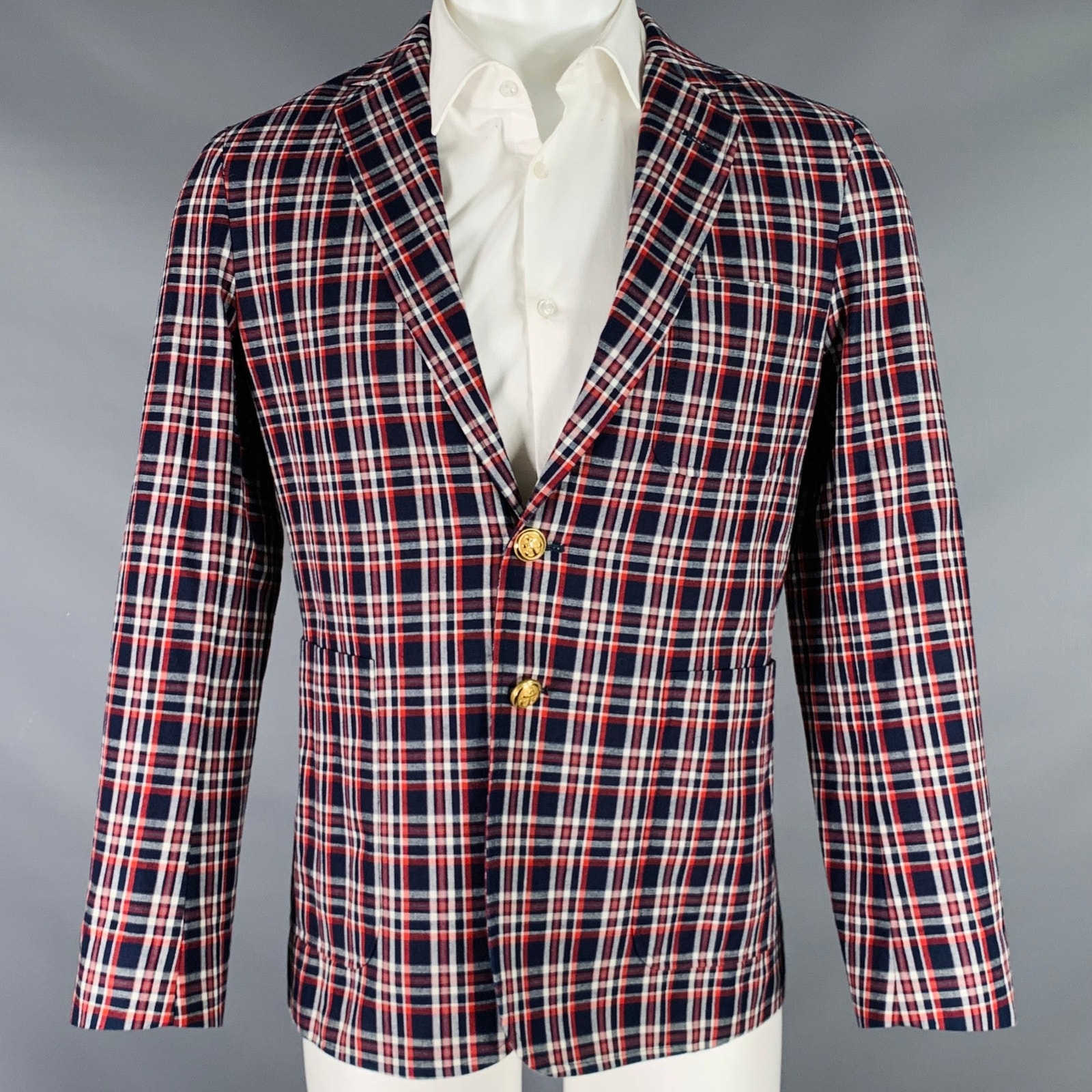 Maison Kitsune Size 36 Navy Red White Plaid Cotton Sport Coat